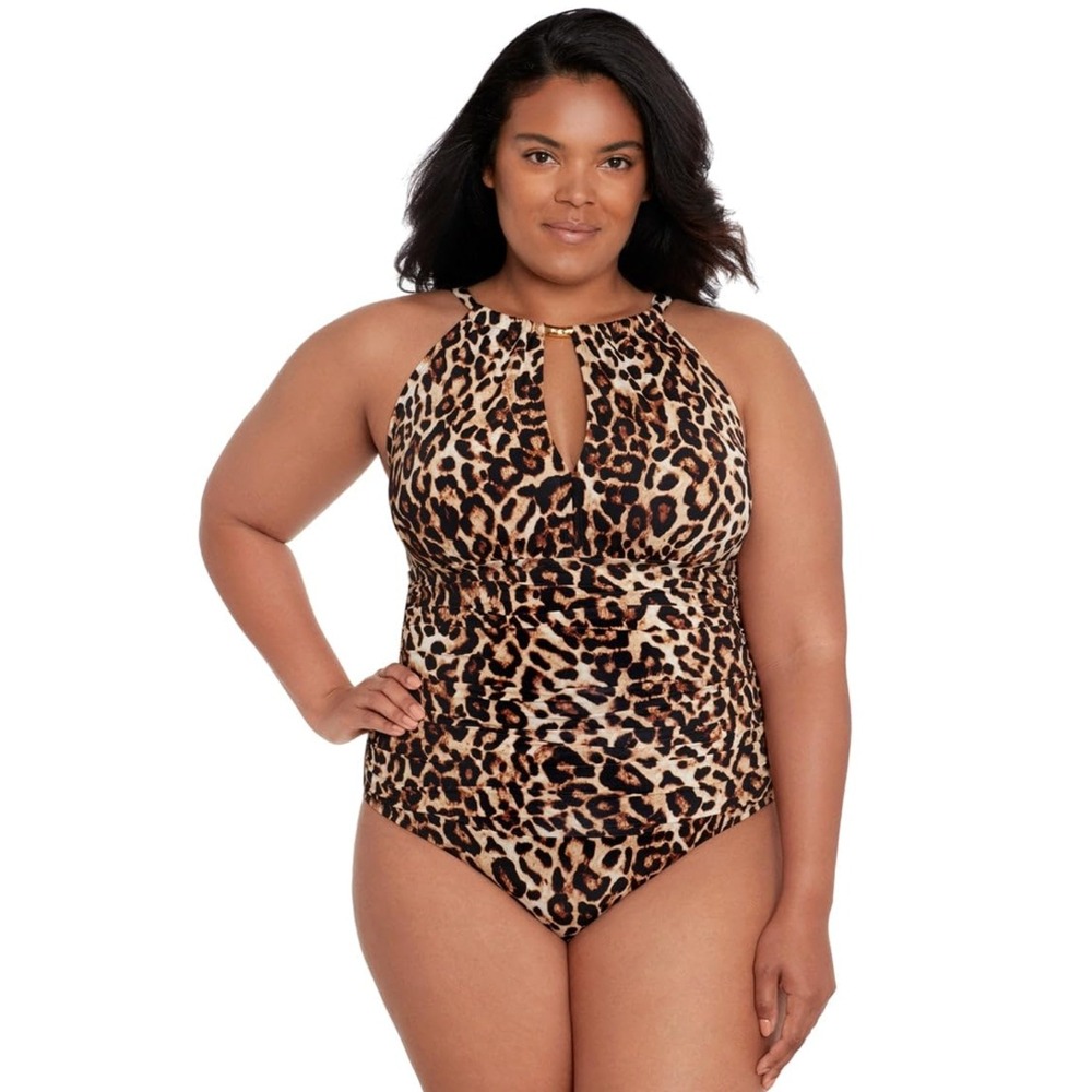 Lauren Ralph Lauren Swimsuit 18W Brown Leopard‎ Print Ruched One Piece Vacation